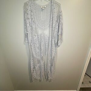 Rachel Zoe Sheer Lacey Long Open Front Kimono Grey One Size